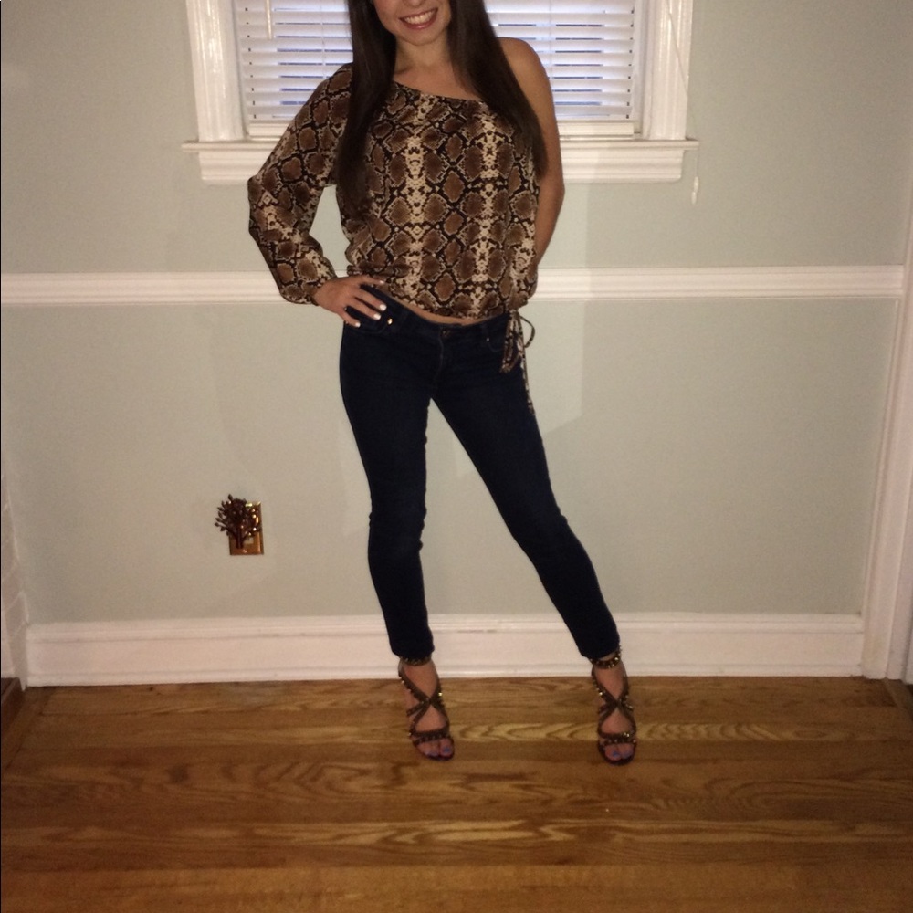 BCBGMAXAZRIA Snake Skin One Shoulder Blouse